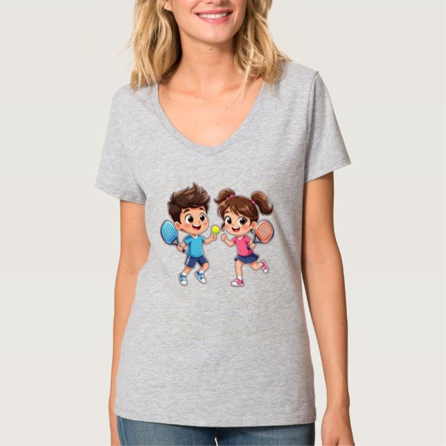 Cute Cartoon Boy and Girl Playing Padel Tennis – F T-Shirt (Front)