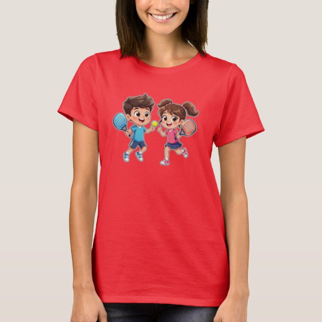Cute Cartoon Boy and Girl Playing Padel Tennis – F T-Shirt (Front)