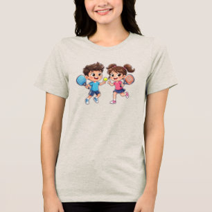 Cute Cartoon Boy and Girl Playing Padel Tennis – F Tri-Blend Shirt