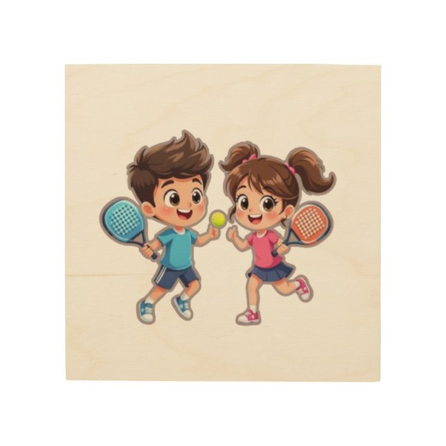 Cute Cartoon Boy and Girl Playing Padel Tennis – F Wood Wall Art (Front)