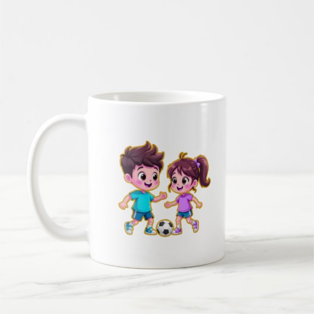 **Cute Cartoon Boy and Girl Playing Soccer Togethe Coffee Mug (Left)