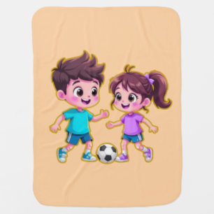 Cute Cartoon Boy and Girl Playing Soccer Together Baby Blanket