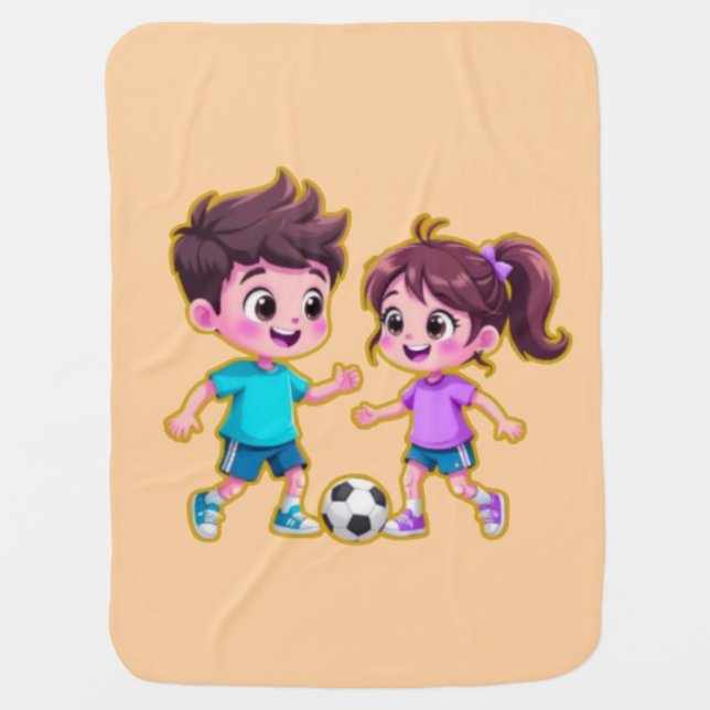 Cute Cartoon Boy and Girl Playing Soccer Together  Baby Blanket (Front)