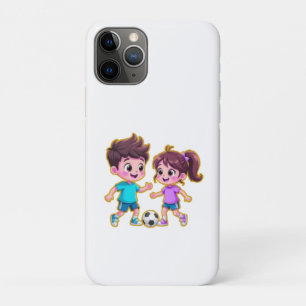 Cute Cartoon Boy and Girl Playing Soccer Together  iPhone 11 Pro Case
