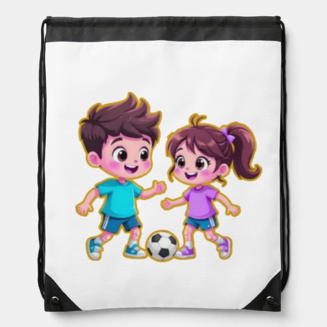 Cute Cartoon Boy and Girl Playing Soccer Together  Drawstring Bag (Front)
