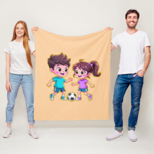 Cute Cartoon Boy and Girl Playing Soccer Together Fleece Blanket