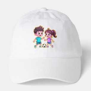 Cute Cartoon Boy and Girl Playing Soccer Together  Hat