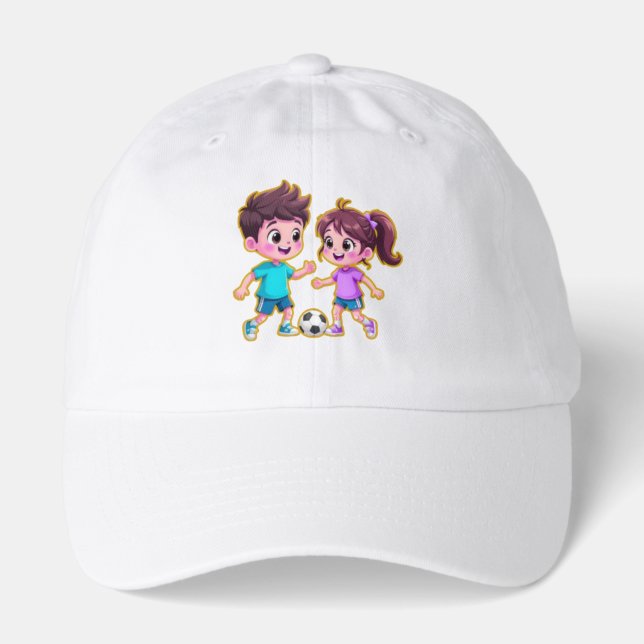 Cute Cartoon Boy and Girl Playing Soccer Together  Hat (Front)