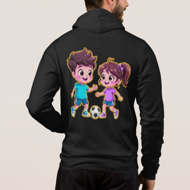 Cute Cartoon Boy and Girl Playing Soccer Together  Hoodie (Back)