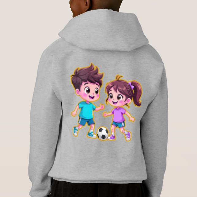 Cute Cartoon Boy and Girl Playing Soccer Together  Hoodie (Back)