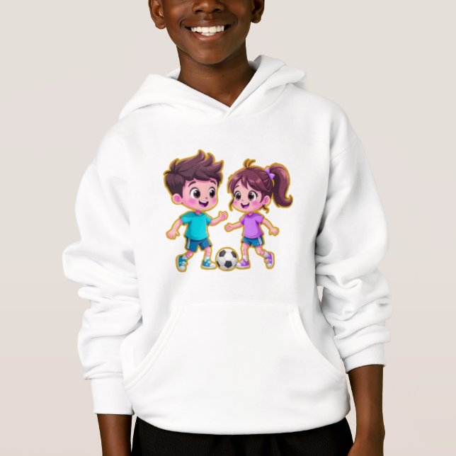 Cute Cartoon Boy and Girl Playing Soccer Together  Hoodie (Front)