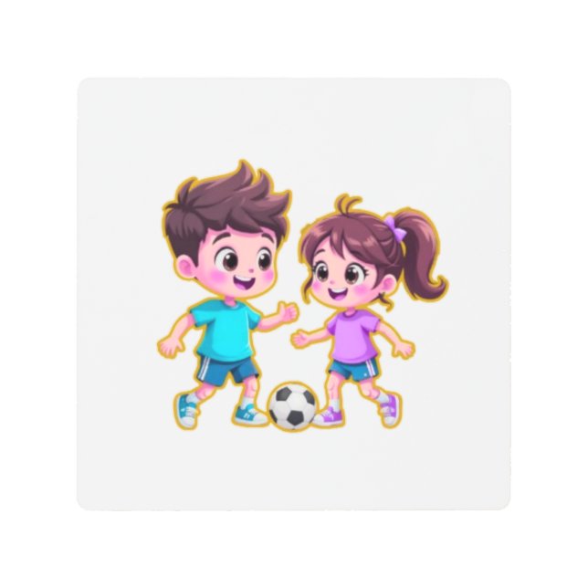 Cute Cartoon Boy and Girl Playing Soccer Together  Metal Print (Front)