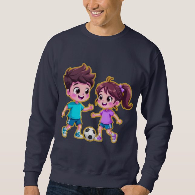 Cute Cartoon Boy and Girl Playing Soccer Together  Sweatshirt (Front)