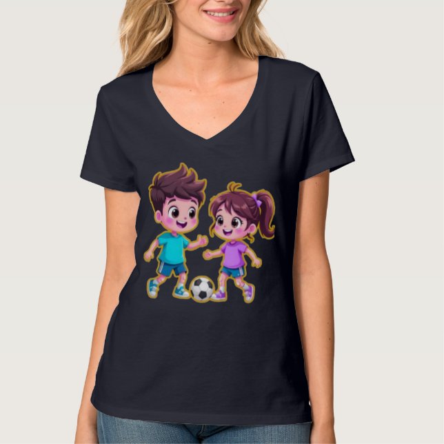 Cute Cartoon Boy and Girl Playing Soccer Together  T-Shirt (Front)