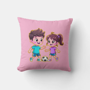 Cute Cartoon Boy and Girl Playing Soccer Together Throw Pillow