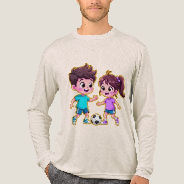 Cute Cartoon Boy and Girl Playing Soccer Together  Tri-Blend Shirt (Front)