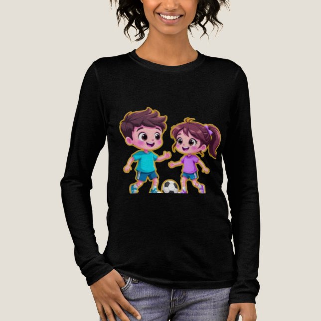 Cute Cartoon Boy and Girl Playing Soccer Together  Tri-Blend Shirt (Front)