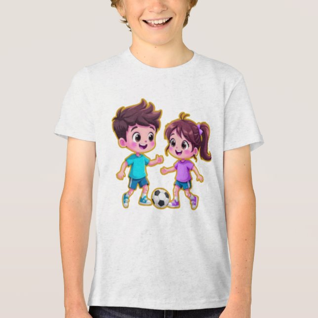 Cute Cartoon Boy and Girl Playing Soccer Together  Tri-Blend Shirt (Front)