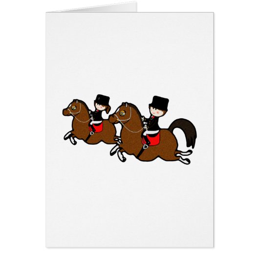 Cute cartoon boy girl riding dressage horses (Front)