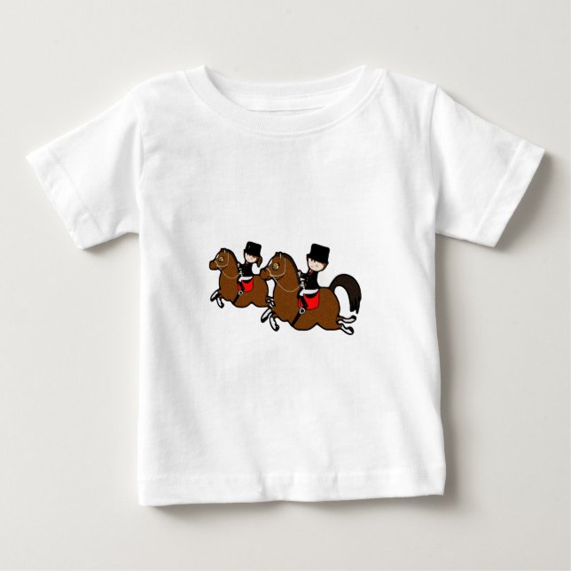 Cute cartoon boy girl riding dressage horses baby T-Shirt (Front)