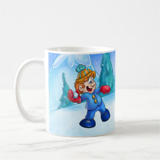cute cartoon boy throwing snowball coffee mug