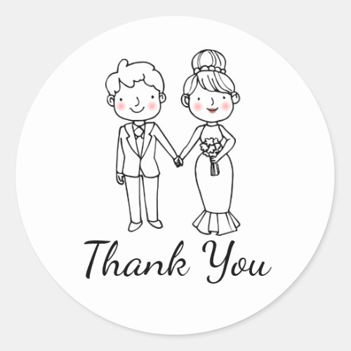 Cute Cartoon Bride Black White Thank You Wedding Classic Round Sticker