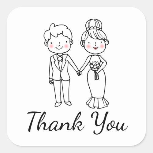 Cute Cartoon Bride Black White Thank You Wedding Square Sticker