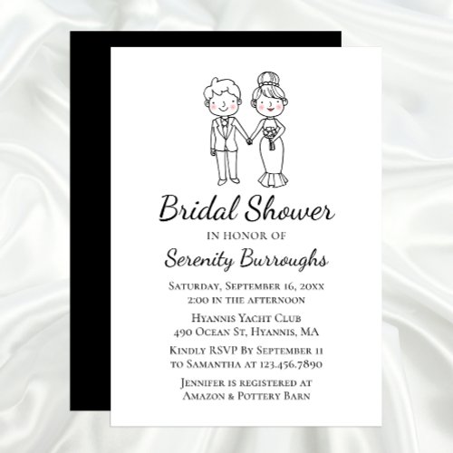 Cute Cartoon Bride Groom Black Bridal Shower  Invitation