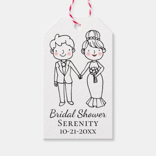 Cute Cartoon Bride Groom Black White Bridal Shower Gift Tags