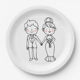 Cute Cartoon Bride Groom Black White Wedding Paper Plates