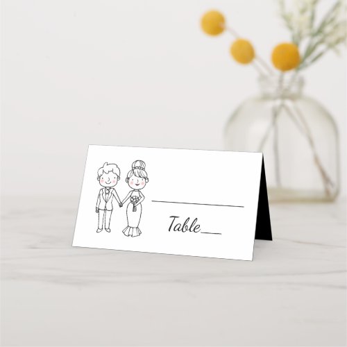 Cute Cartoon Bride Groom Black White Wedding Party Place Card
