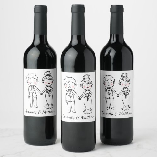 Cute Cartoon  Bride Groom Black White Wedding Wine Label