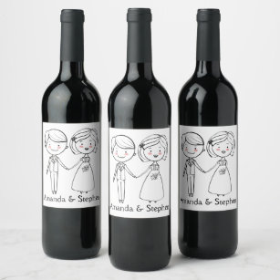 Cartoon Bride Groom Wedding Wine Champagne Labels Zazzle