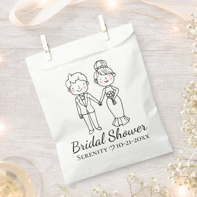 Cute Cartoon Bride Groom Bridal Shower Favor Bag (Clipped)