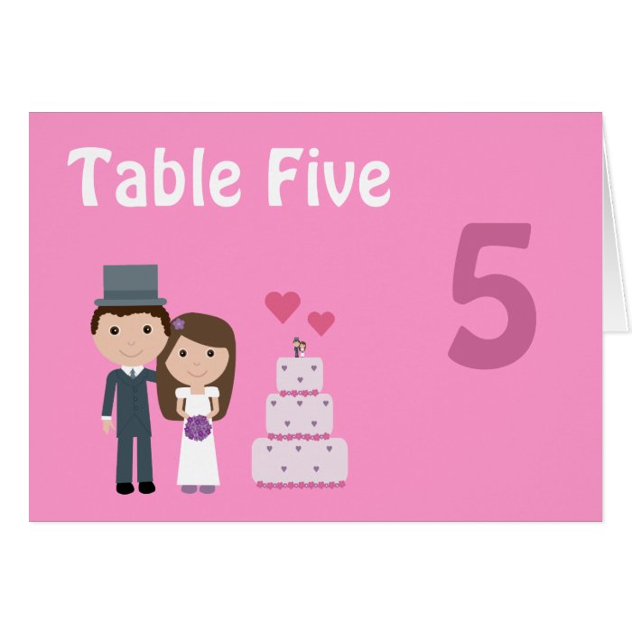 Cute Cartoon Bride Groom & Cake Pink Seating Card