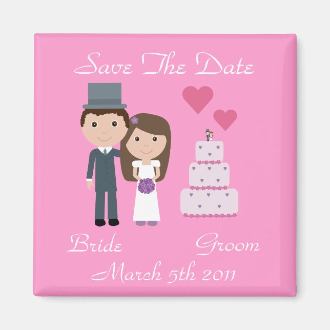 Cute Cartoon Bride, Groom & Cake Save The Date Magnet (Front)