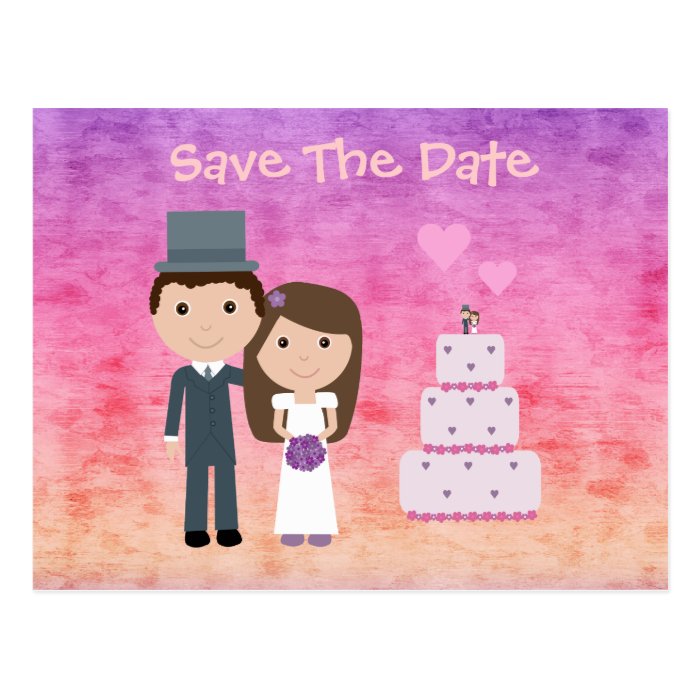 Cute Cartoon Bride, Groom & Cake Save The Date Postcard