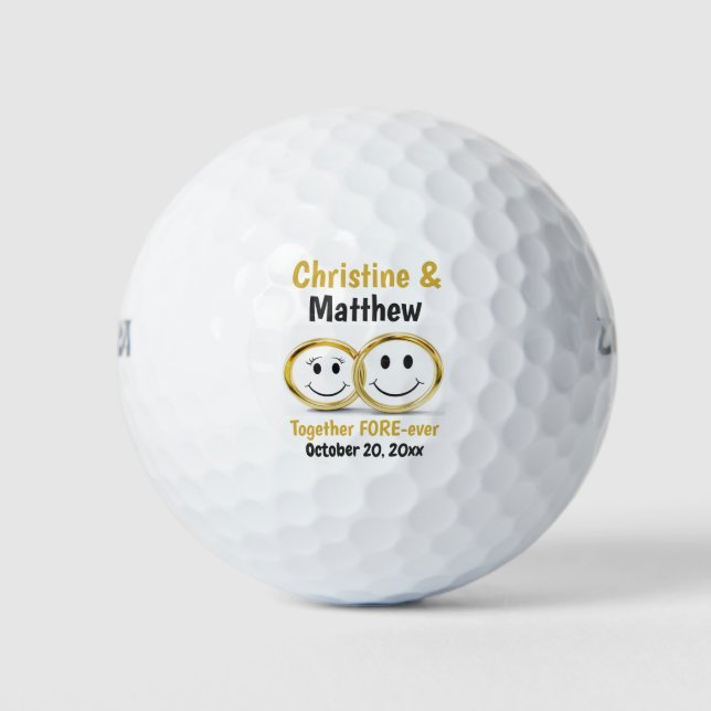 Cute Cartoon Bride Groom Gold Wedding Ring Favor Golf Balls (Front)