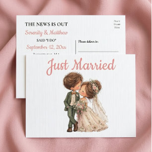 Cute Cartoon Bride Groom Just Married Wedding Announcement Postcard