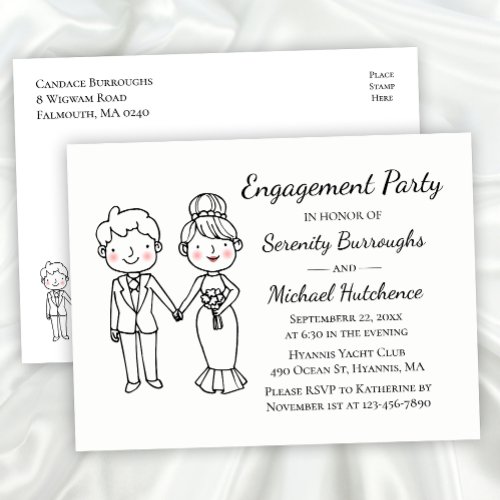 Cute Cartoon Bride Groom Wedding Engagement Party Invitation Postcard