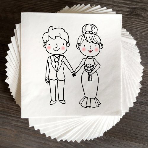 Cute Cartoon Bride Groom Whimsical Wedding Napkins