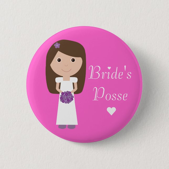 Cute Cartoon Bride's Posse Bachelorette Party Pink Pinback Button (Front)