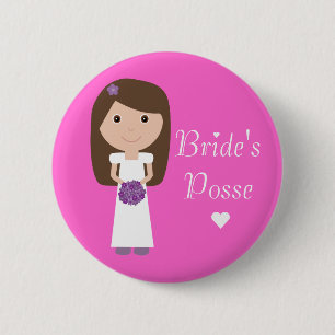 Cute Cartoon Bride's Posse Bachelorette Party Pink Pinback Button
