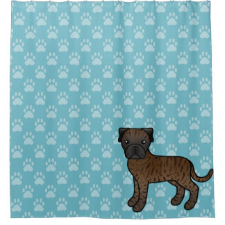 Cute Cartoon Brindle Bullmastiff Dog On Blue Shower Curtain