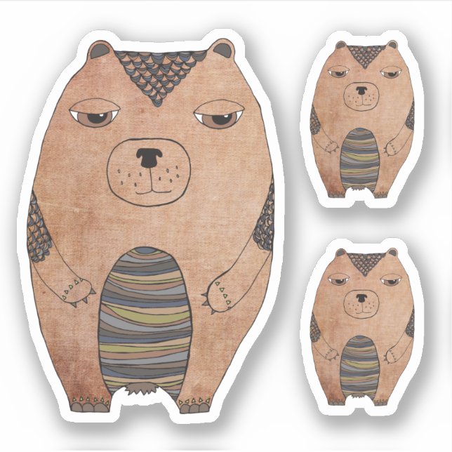 Cute Cartoon Brown Grizzly Bear Illustration Cut Sticker (Front)