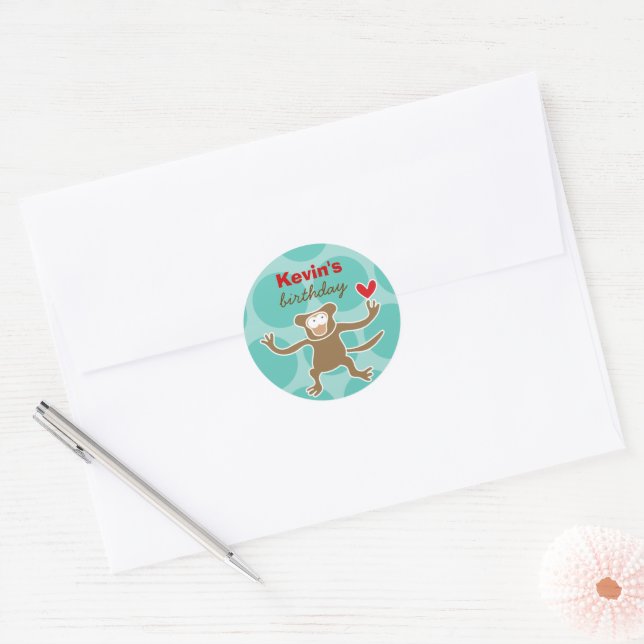 Cute Cartoon Brown Monkey Fun Kid's Birthday Party Classic Round Sticker (Envelope)