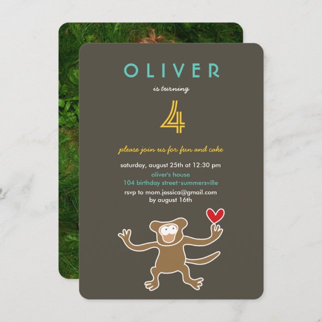 Cute Cartoon Brown Monkey Fun Photo Kid's Birthday Invitation (Front/Back)