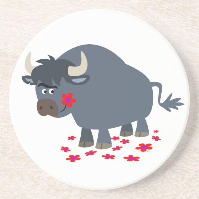 Cute Cartoon Bull and Red Bloom Coaster (Front)