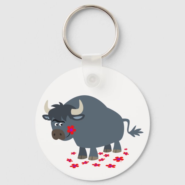 Cute Cartoon Bull and Red Bloom Keychain (Front)