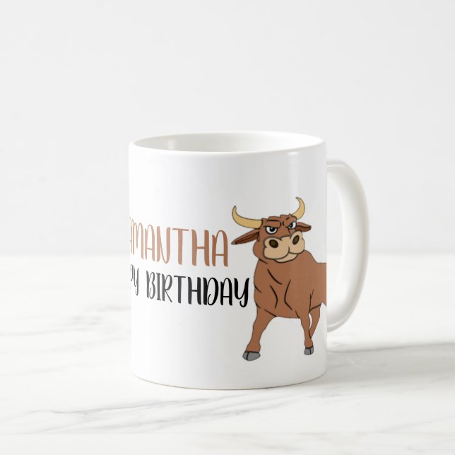 Cute Cartoon Bull Happy Birthday  Coffee Mug (Front Right)